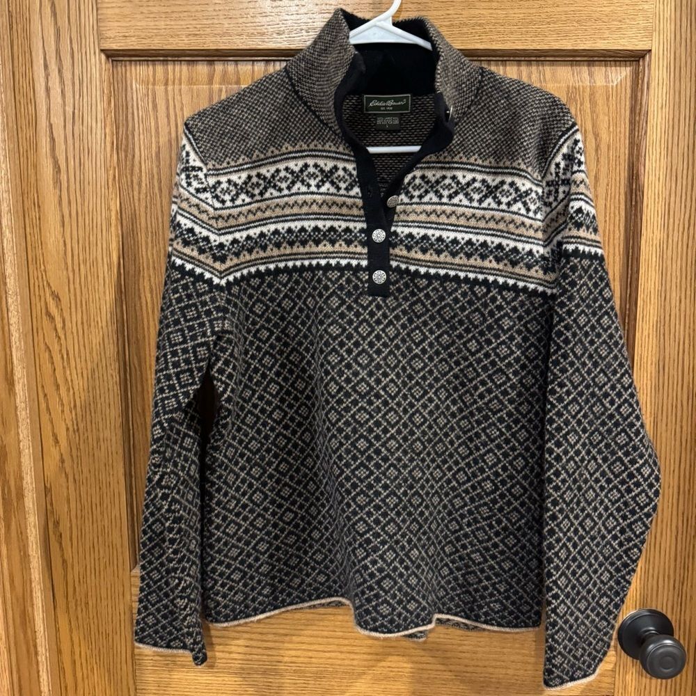 Eddie Bauer Lambswool Nordic Quarter Snap Sweater L โ Brown & Black Fair Isle